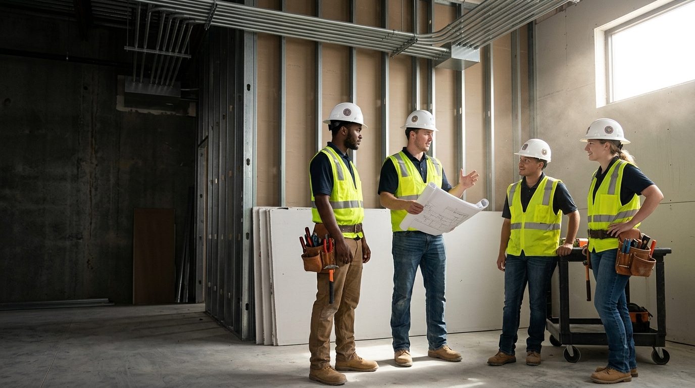 IBEW Local 193 apprentices reviewing plans on a commercial jobsite