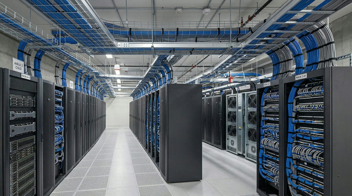 Structured data cabling and server racks in a data center